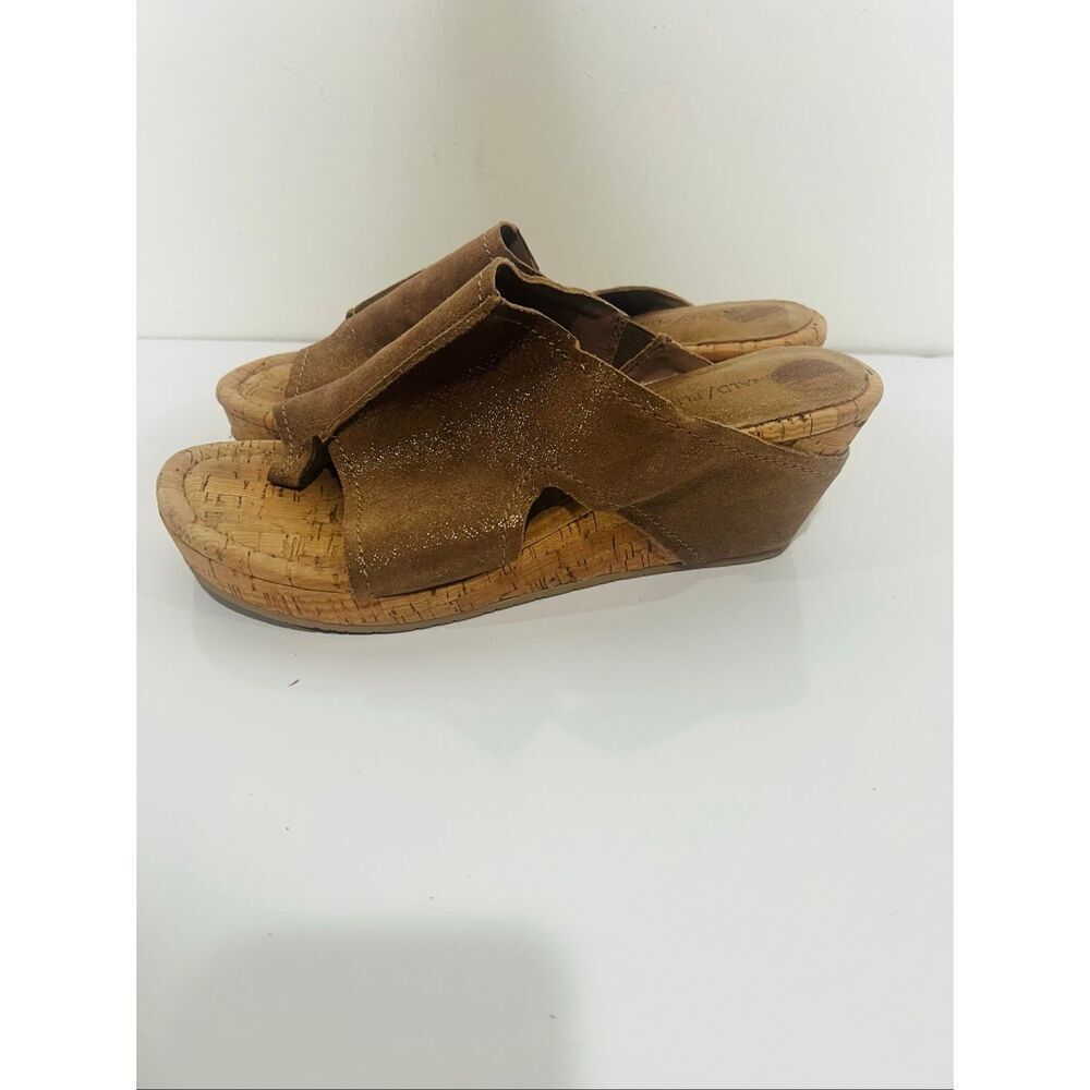 Donald Pliner Gerie Brown Tan Leather Gold Metallic Cork Wedge Slip On Sandals S
